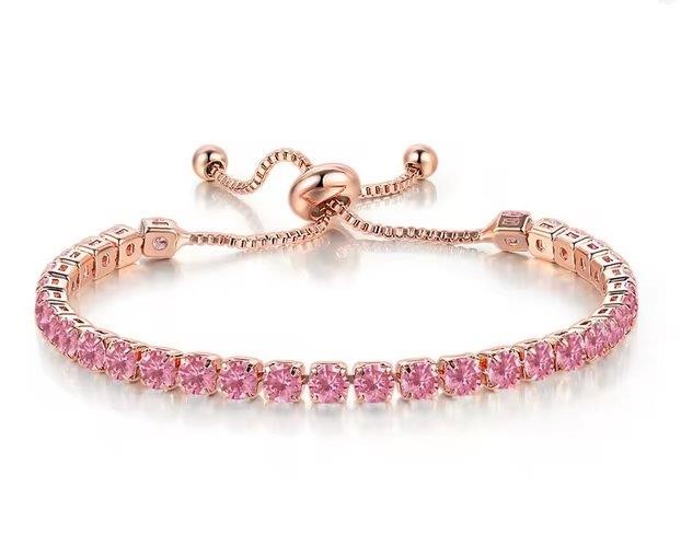 925 Sterling Silver Bracelet Sakura Pink Simulated Diamonds-Adjustable
