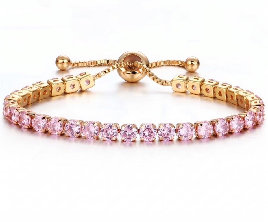 925 Sterling Silver Tennis Bracelet Pink Simulated Diamonds-Adjustable