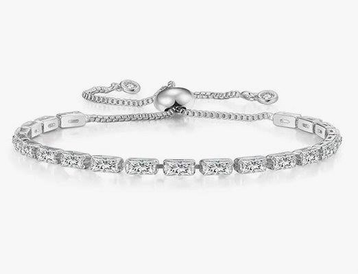 925 Sterling Silver Bracelet Emerald Cut Simulated Diamonds-Adjustable