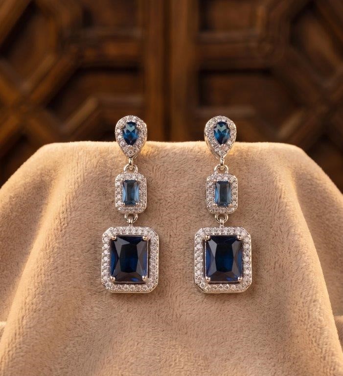 925 Sterling Silver Blue Simulated Diamonds Earrings