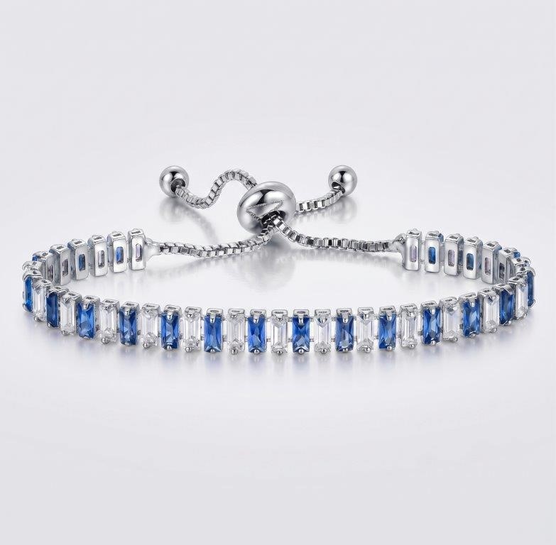 925 Sterling Silver Bracelet Emerald Cut Simulated Diamonds-Adjustable