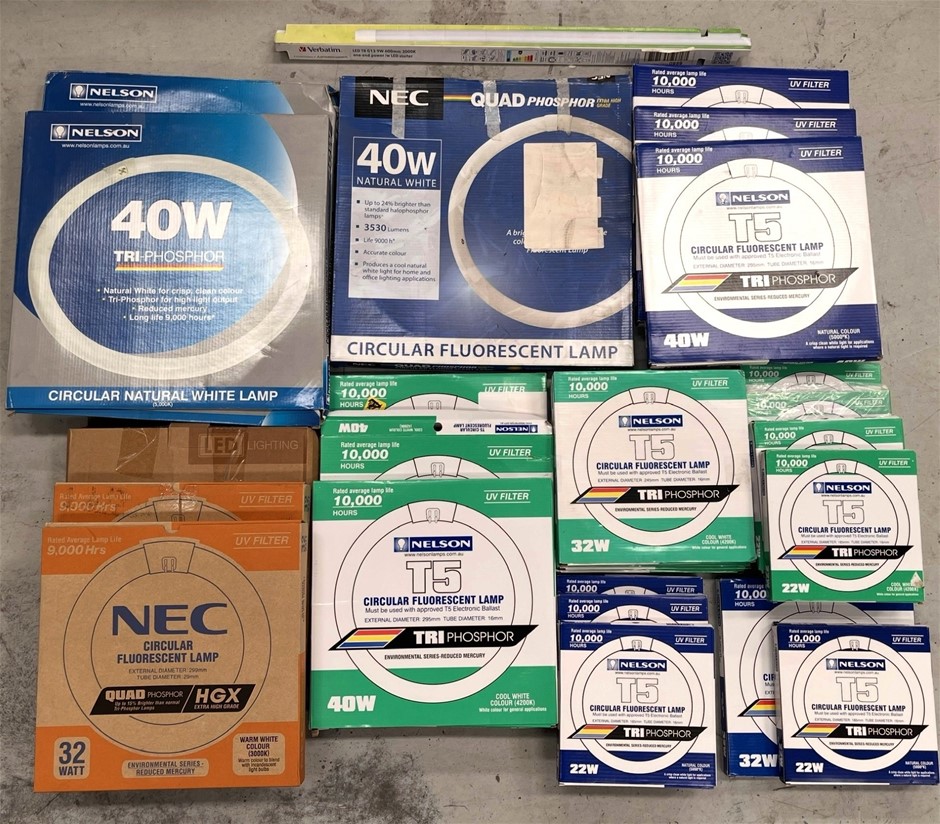 25 x Circular Fluorescent Lamps. Brands Including NELSON & NEC, includes va