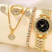 Jewelz Merchants Gold-Tone 5-Piece Set – Black Dial – FREE Jewellery Box