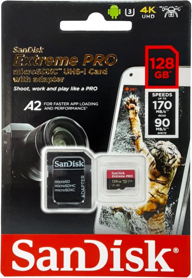 SANDISK Extreme Pro MicroSDXC,  SQXCY 128GB, V30, U3, C10, A2, UHS-I, 170MB