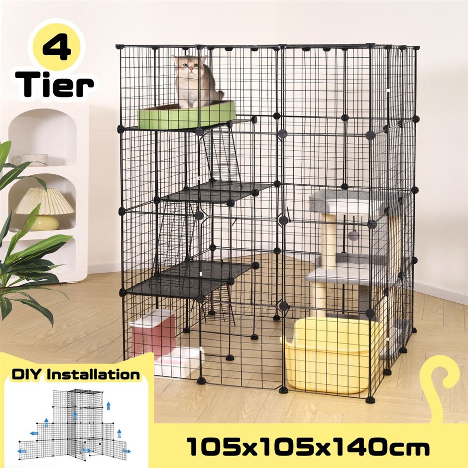 4 Tier XL Cat Enclosure Cage DIY Metal Hutch with 3 Platforms 3 Ramps