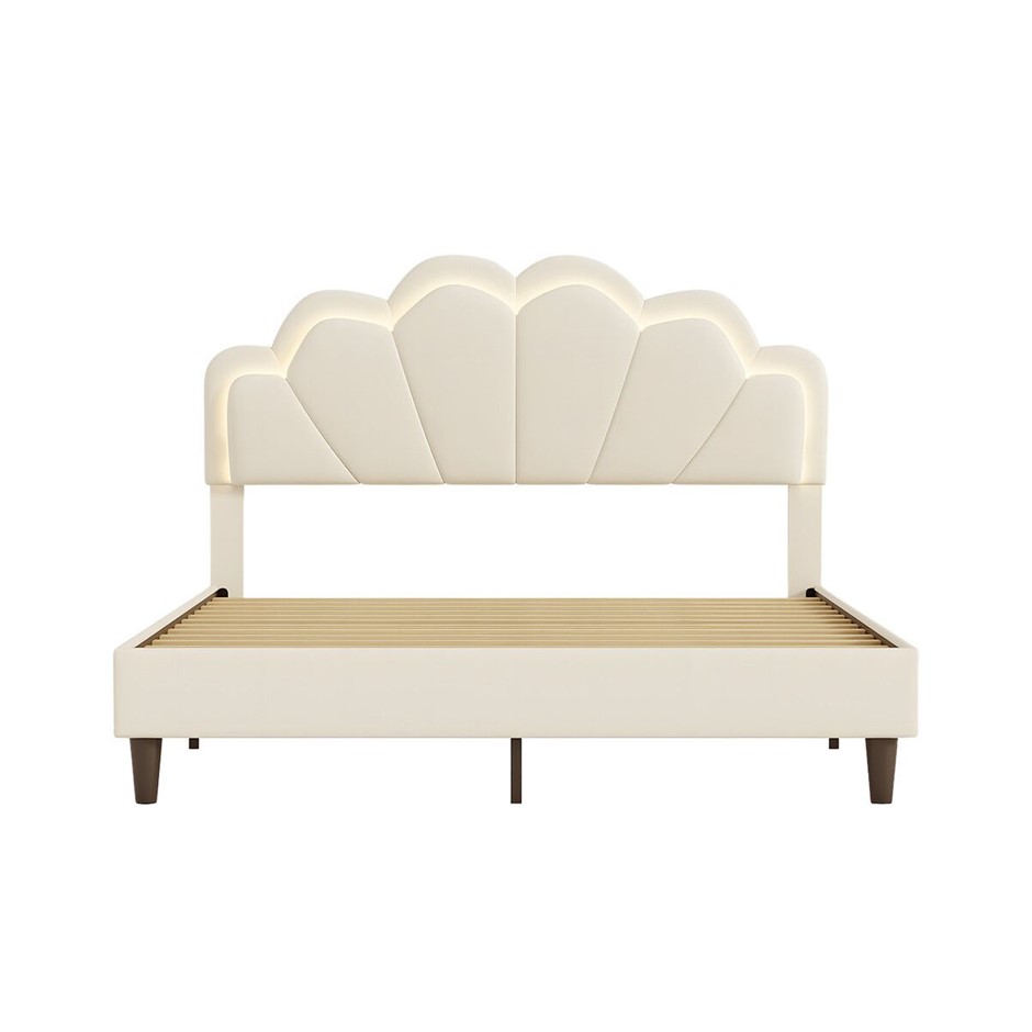 Wood Queen Bed Frame with LED Headboard Metal Platform White