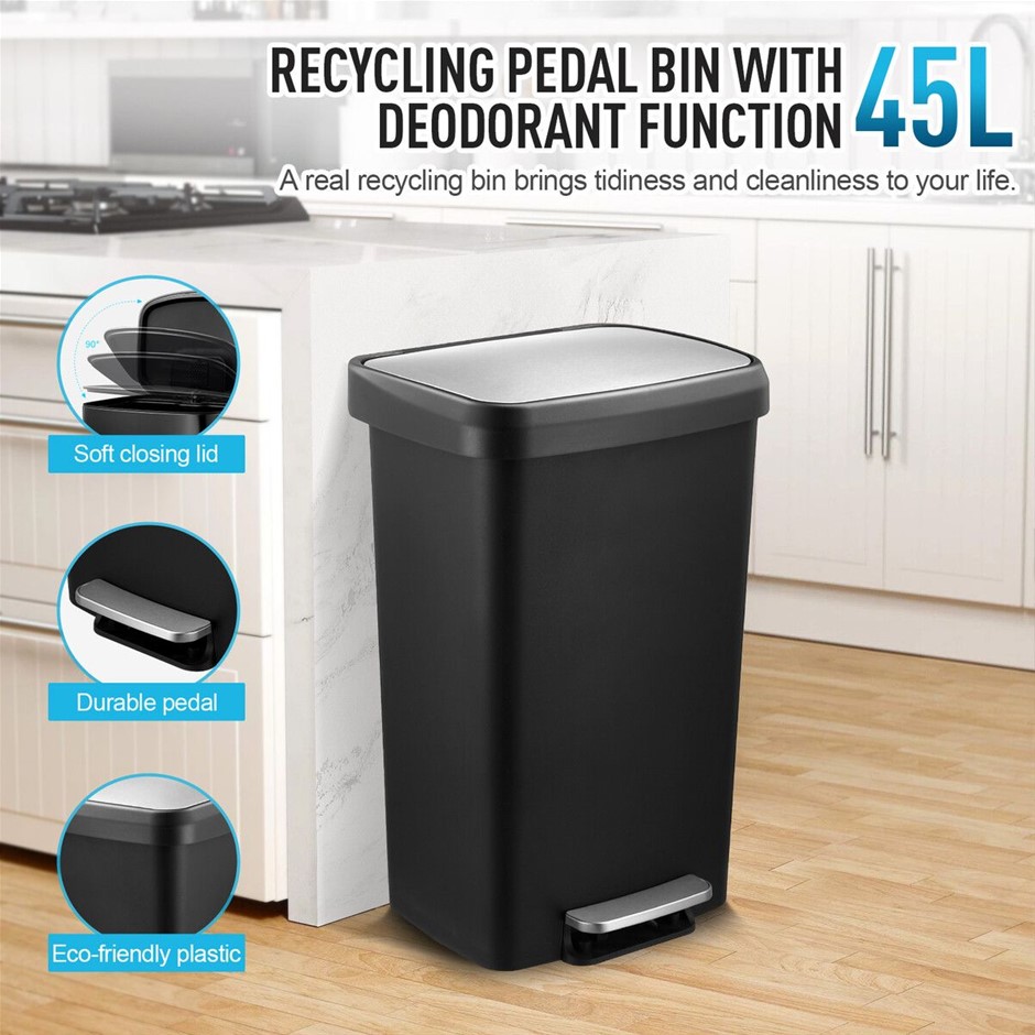 45L Pedal Rubbish Bin Soft Close Stainless Steel Lid Black