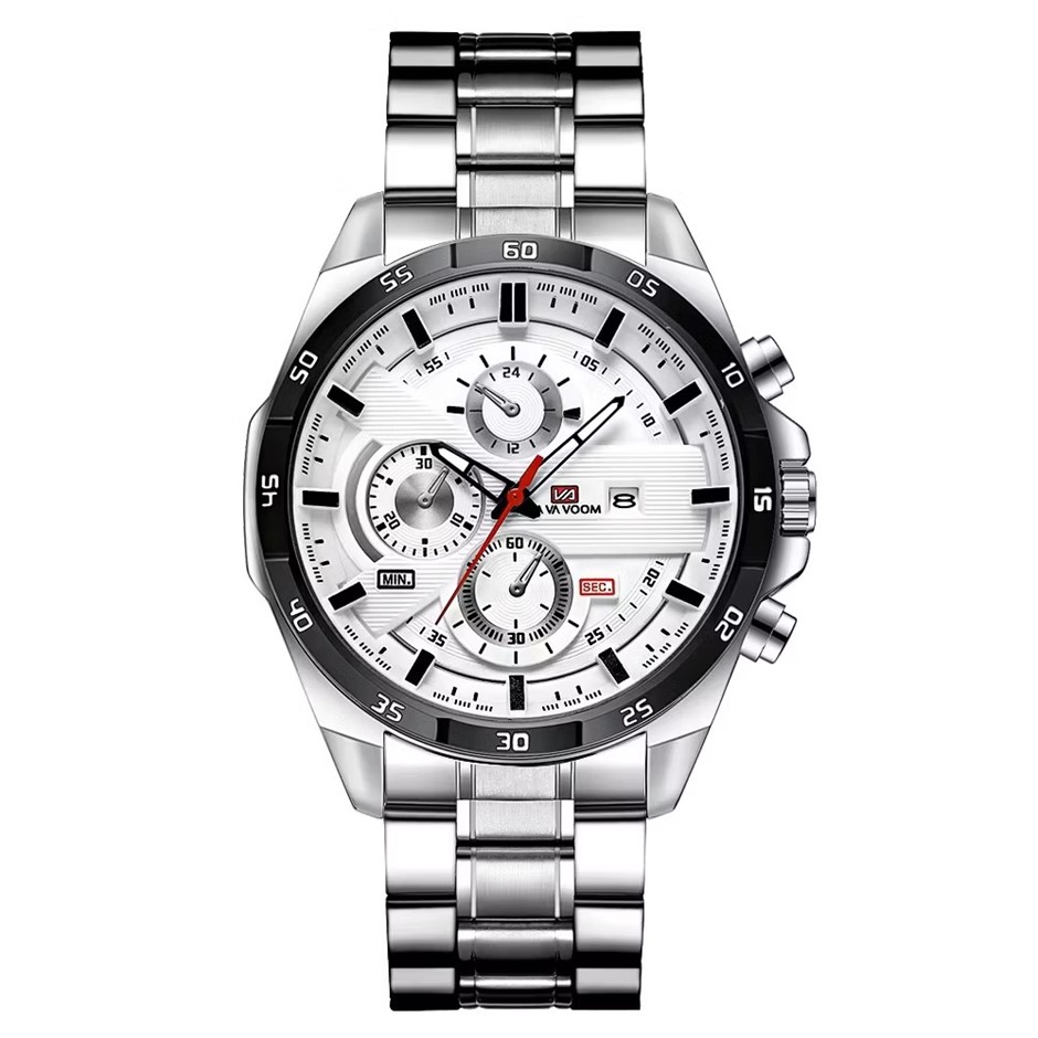 Luxury Multifunctional Water Resistant Fashion Watch for Men, Silver/White