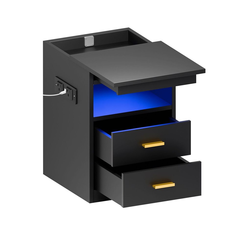Bedside Table with LED Lights, Lockable Drawer & USB Charging Station