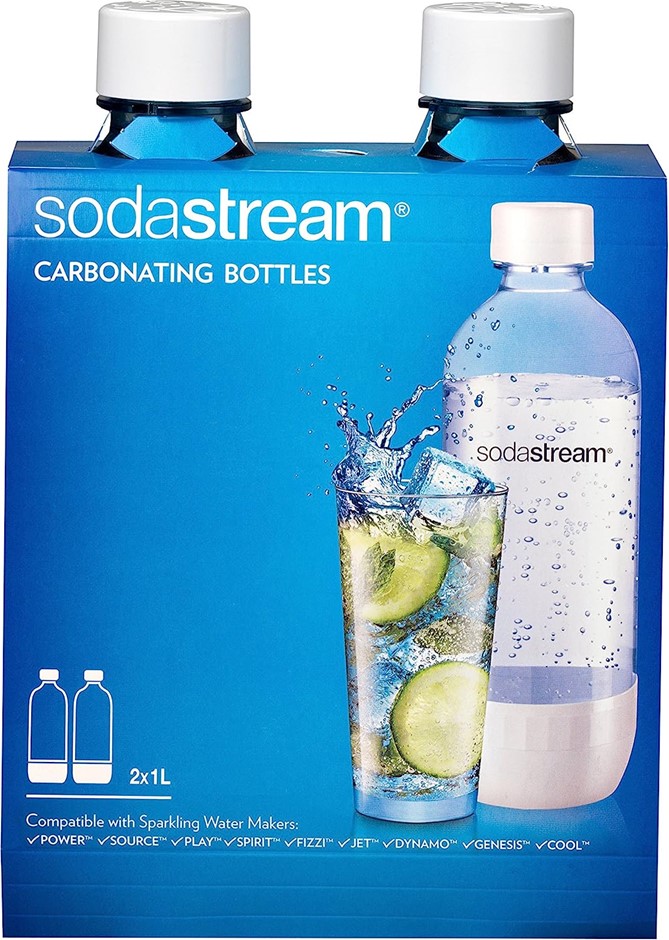 2 x SODASTREAM White Fuse Carbonating Twin Pack, 1L Each. NB: 2x lids missi