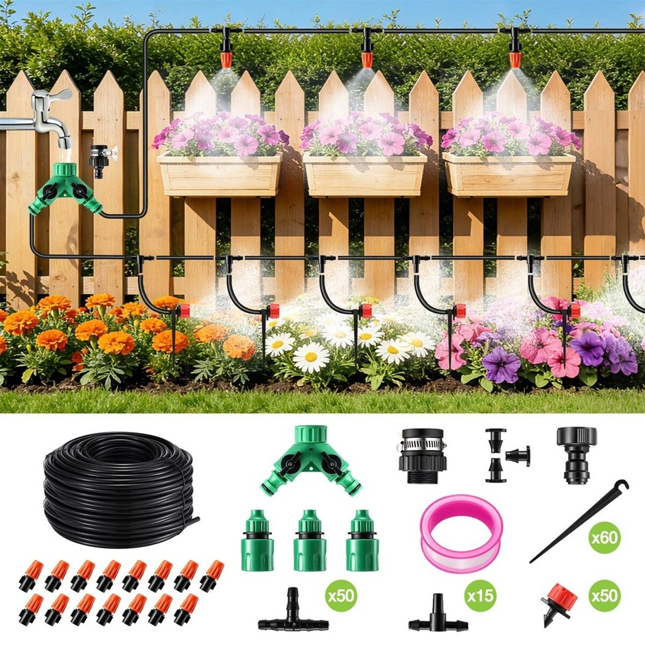 Garden Irrigation System 50m Drip Tubing Adjustable Nozzles DIY Watering