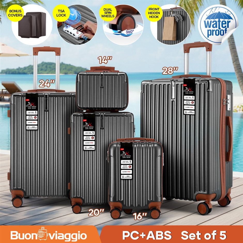 5 Piece Luggage Suitcase Set Hard Shell w/ TSA Lock Front Hook Covers Grey