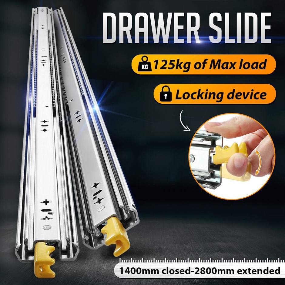 Heavy Duty Drawer Slides 125kg Locking Ball Bearing 1400-2800mm