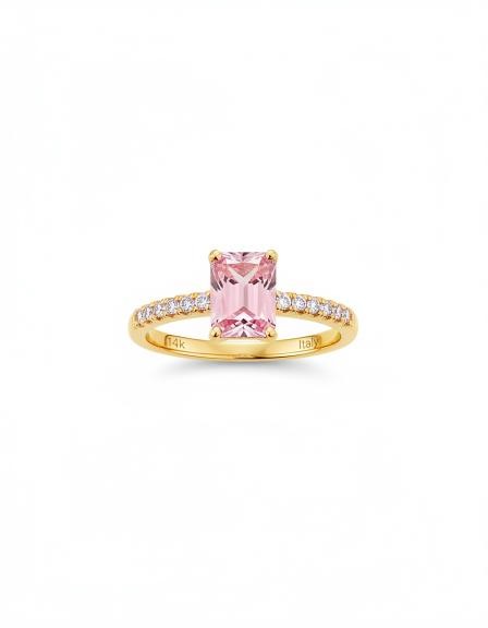 14K/Italy 2.0ct Pink Emerald Cut Yellow Gold Bonded Ring(stamped) 8US