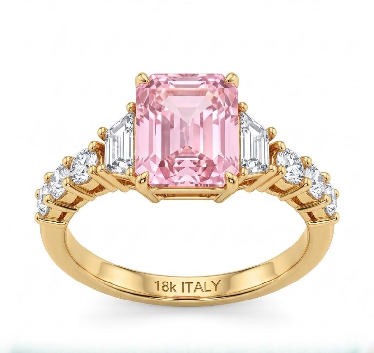 18K/Italy 3.0ctw Pink Emerald Cut Yellow Gold Bonded Ring(stamped) 7US