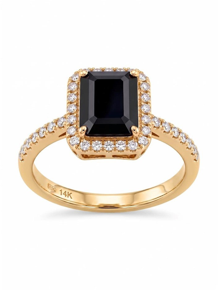 14K/Italy 2.0ct black Emerald Cut Yellow Gold Bonded Ring(stamped) 6US