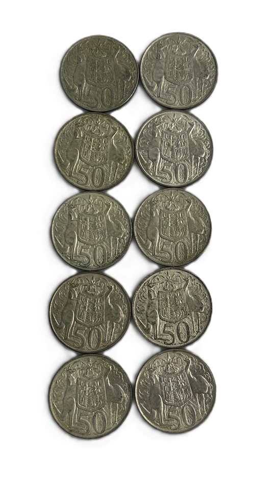 Mixed Lot Of 10 Australian Round 50 Cent Silver Coins (1966)