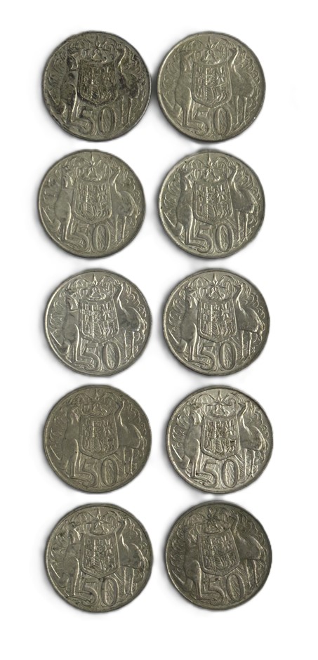 Mixed Lot Of 10 Australian Round 50 Cent Silver Coins (1966)