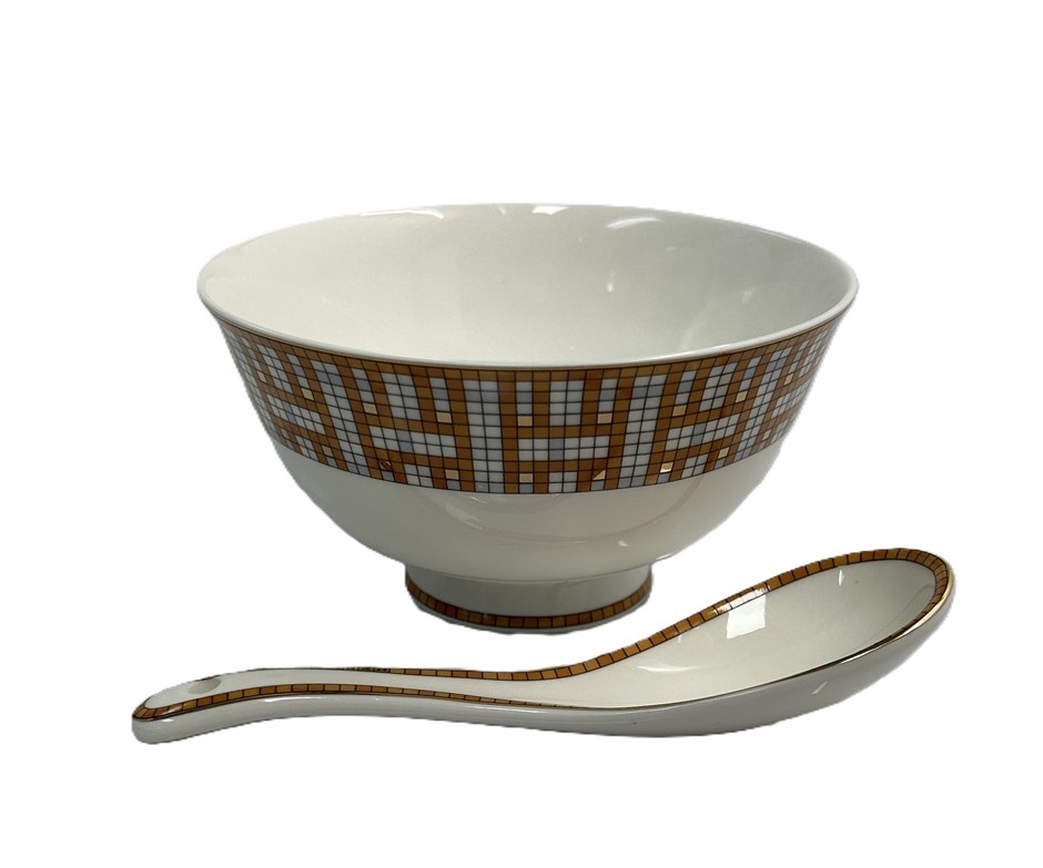 Hermès Mosaique Au 24 Porcelain Bowl With Matching Soup Spoon