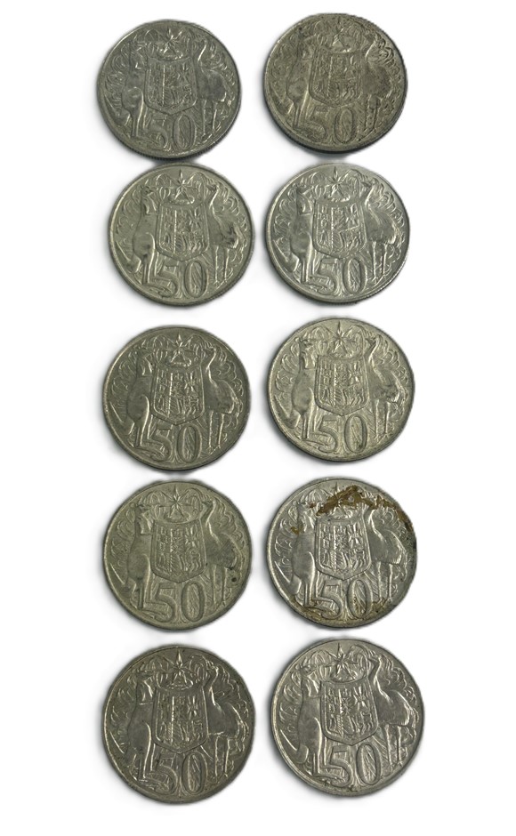 Mixed Lot Of 10 Australian Round 50 Cent Silver Coins