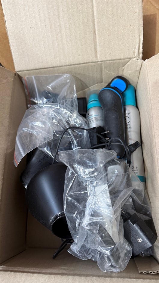Assorted Box of Hair Styling tools and products. NB:  Items may not be in o