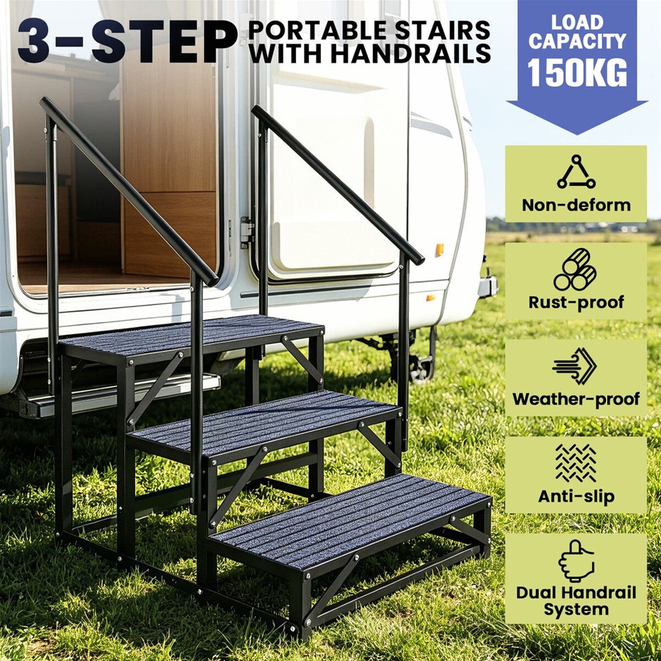 3 Step Caravan Steps with Handrail 150kg Carbon Steel RV Camper