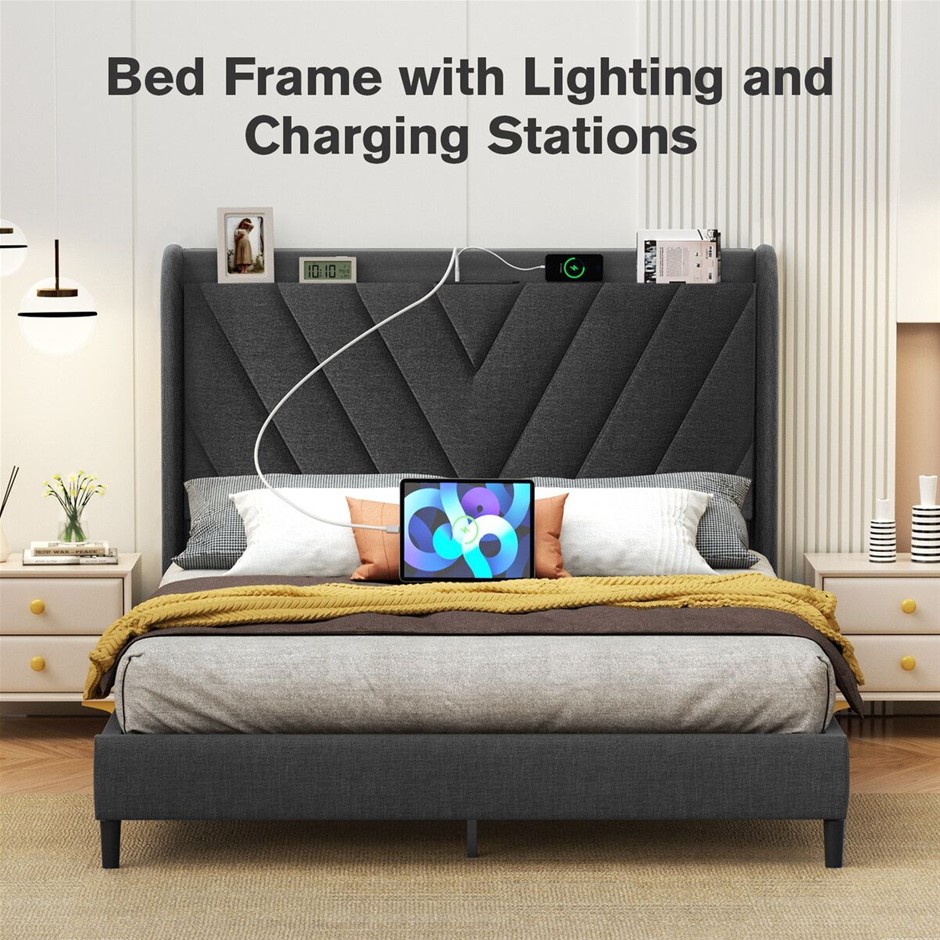 Queen Size Bed Frame with Headboard LED Light USB Charging Port Grey