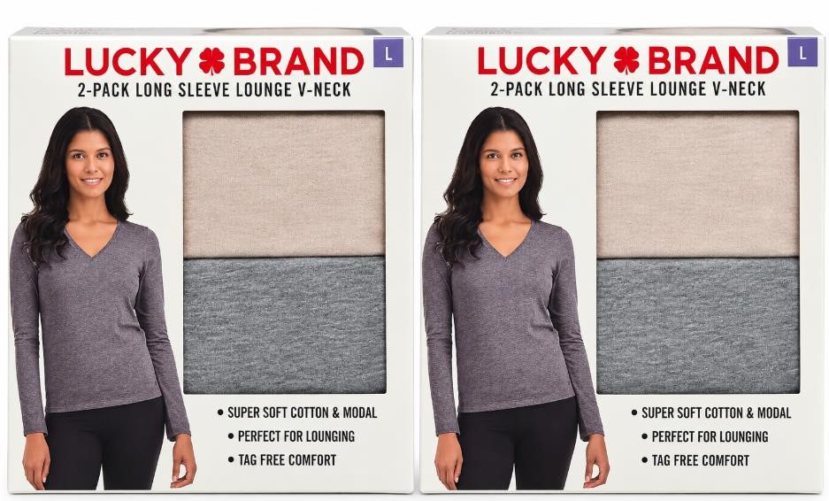 2x 2-Pack LUCKY BRAND Women's L/S Lounge V-Neck, Size L, 48%Cotton/48%Modal