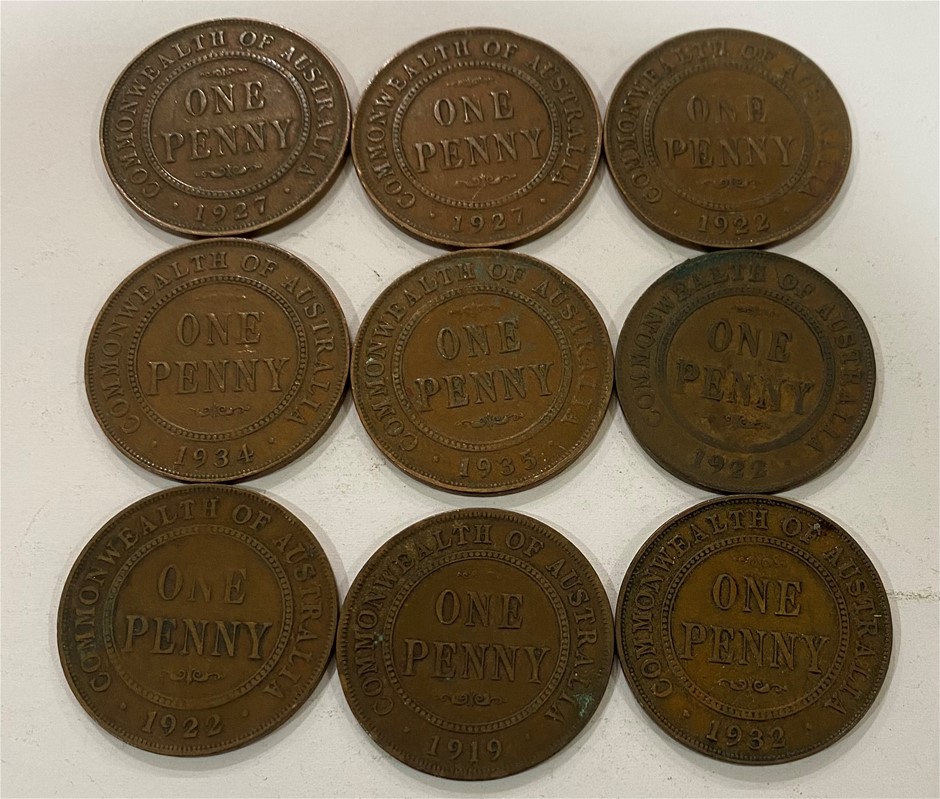 Australia pre decimal KGV Pennies x 9