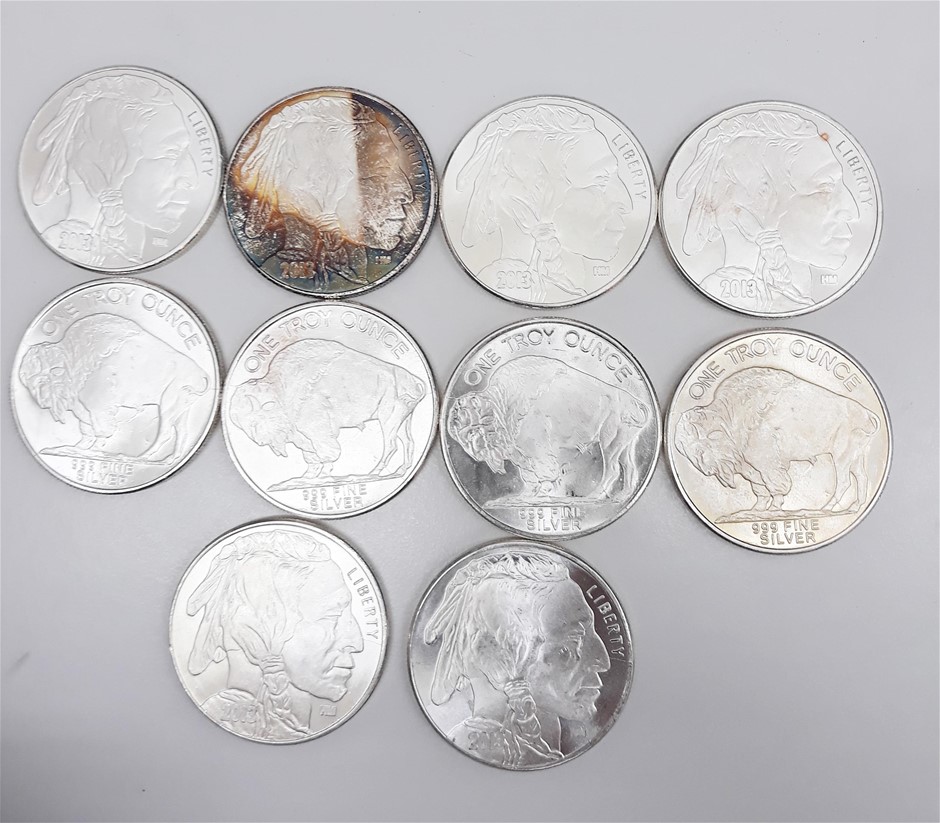 10 x Buffalo/Indain Head Coins Dated 2013 Round 0.999 Fine Silver, 1oz each
