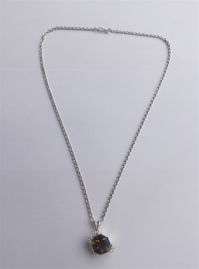 Silver Chain Necklace With Octagonal Smoky Quartz Pendant