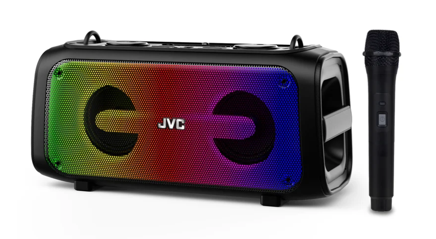 JVC Party Speaker with Wireless Microphone, Bluetooth, LED Light Show, USB-