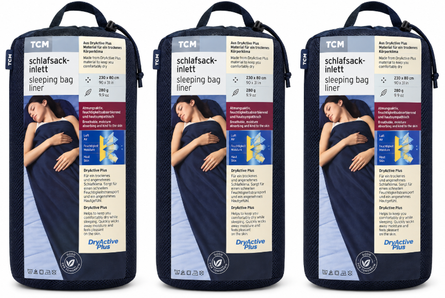 3pcs TCM DryActive Plus Sleeping Bag Liners – 230 x 80cm – Breathable Trave