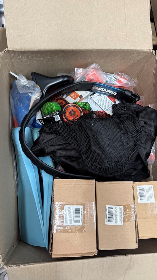 Assorted Box of Sporting Goods incl: Gym Balls, Swimming Flippers and more.