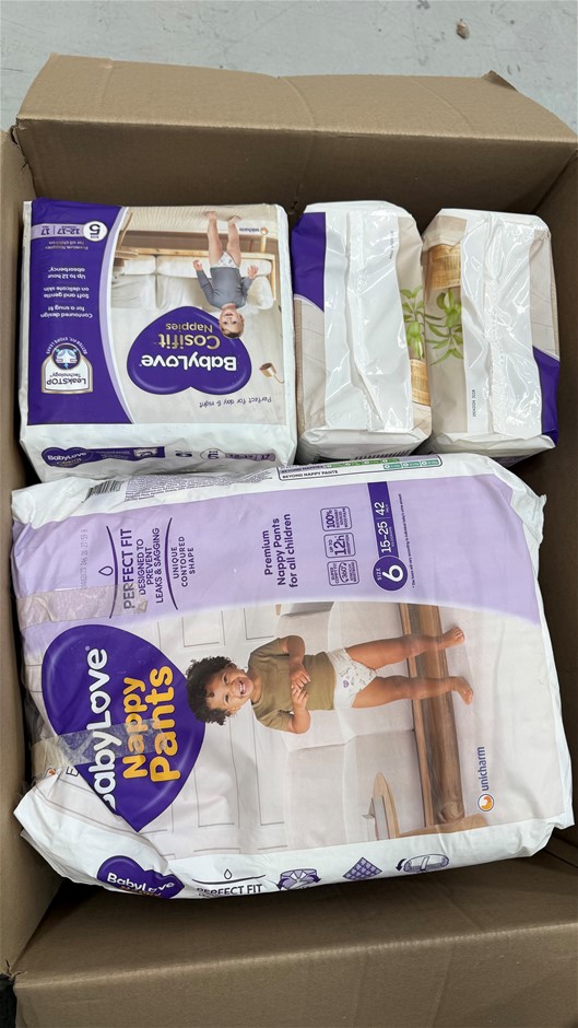 Box of Baby Love Nappy Pants. NB: Slightly damaged packaging. Important