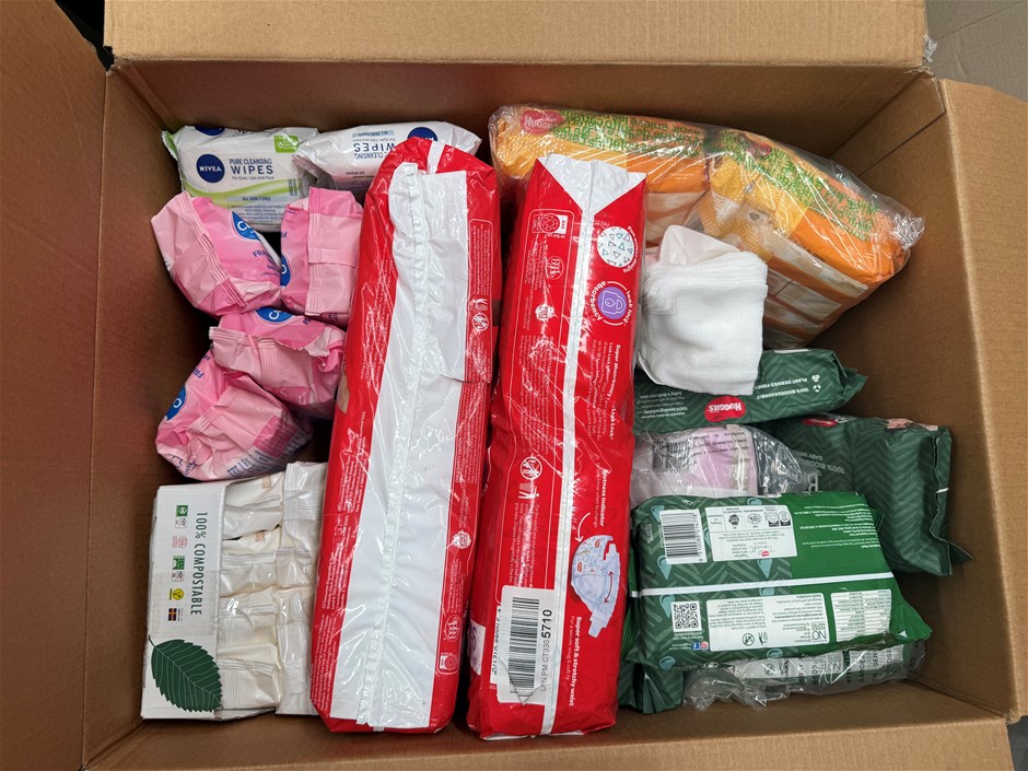 Assorted Box of Baby Nappies and Wipes. NB: May have damaged packaging.