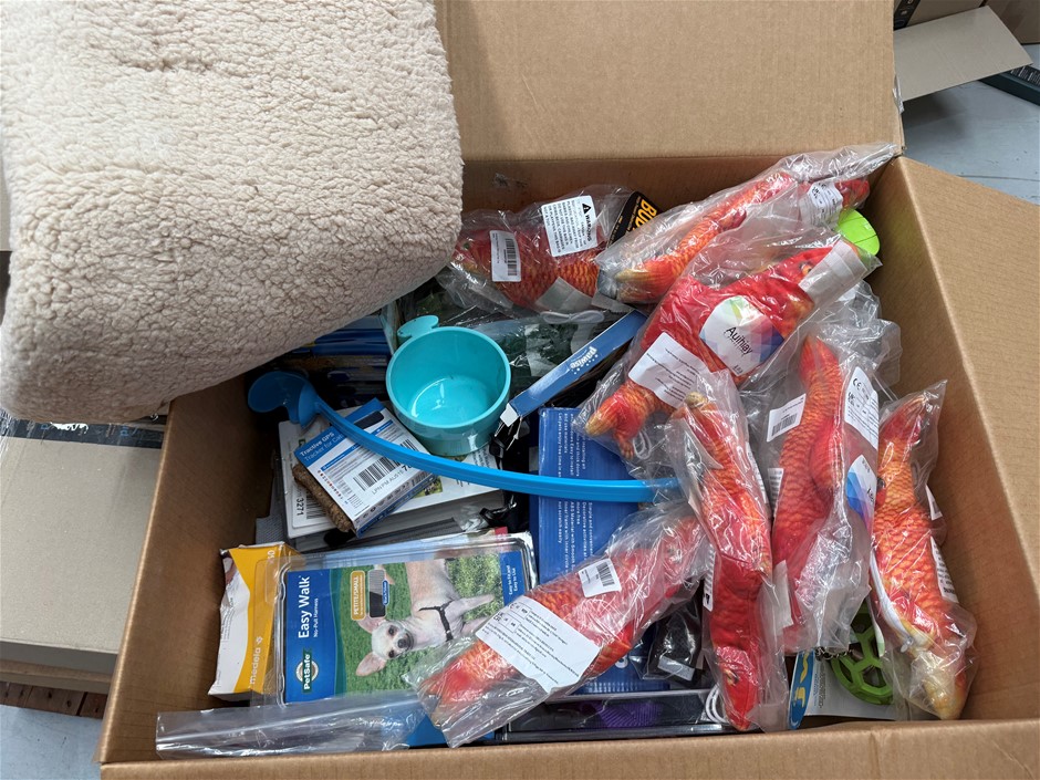 Assorted Box of Pet Items incl: Ball thrower, Fish Plush Toys, Harnesses, B