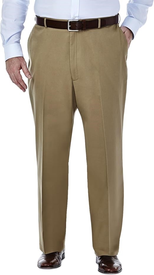 HAGGAR Men's Expandable Waist Flat Front Pant, 44W x 30L, British Khaki, HC