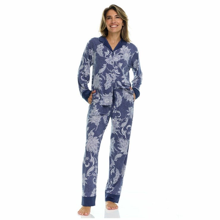 FLORA NIKROOZ Women's Satin Trim PJ Set, Size S, Navy. Buyers Note - Disco