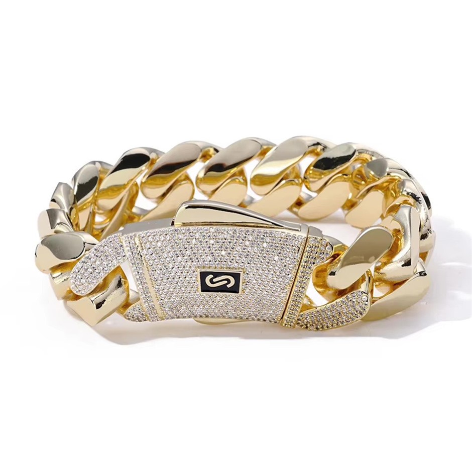 14KGoldPlated 925 Silver Cuban Chain Lab Created Moissanite Bracelet-20.3cm