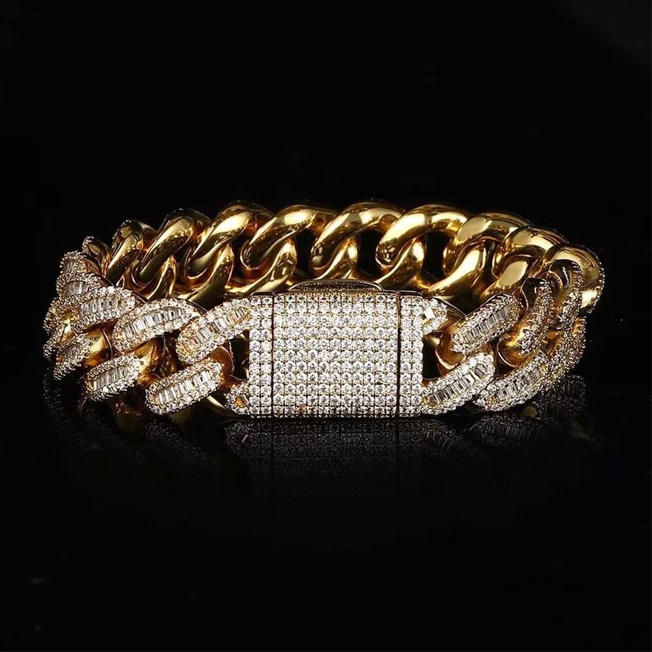 18KGoldPlated 925 Silver Cuban Chain Lab Created Moissanite Bracelet-20.3cm