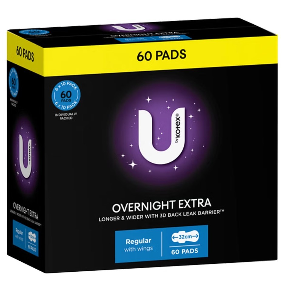 Box of 60pc U BY KOTEX U Overnight Extra Pads w/ Wings. N.B: Damaged packag