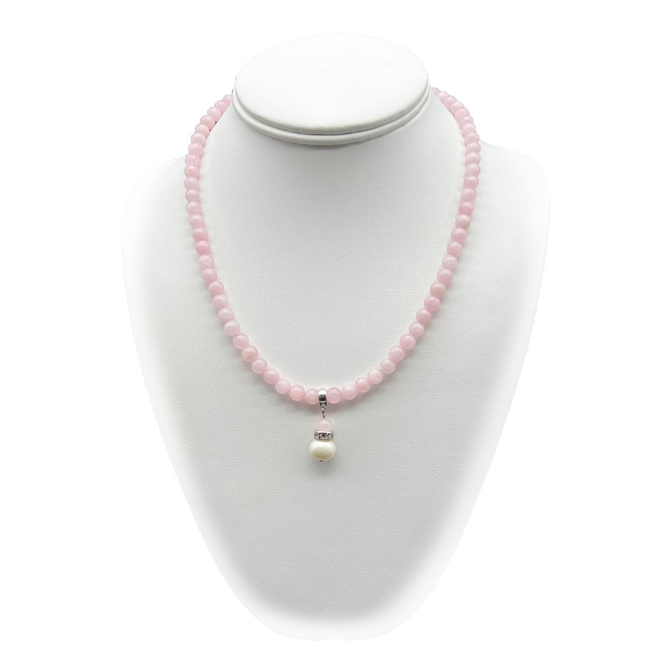 Rose Quartz with 9-10mm Pearl Platinum Plated Pendant Charm Necklace