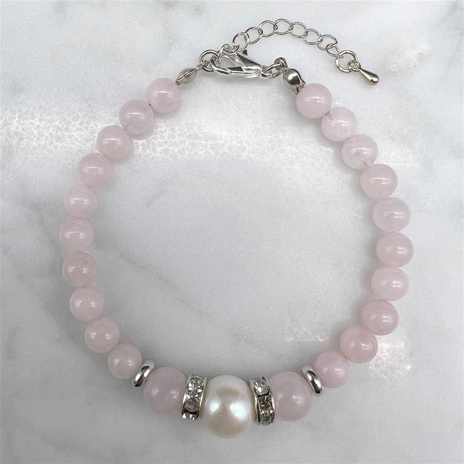 Rose Quartz with 9-10mm Pearl & Rhinestone Platinum Plated Bracelet