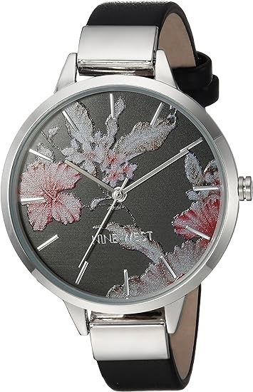 NINE WEST Women's Floral Dial Strap Watch, 38mm, Black/Silver, NW/2045BKBK.