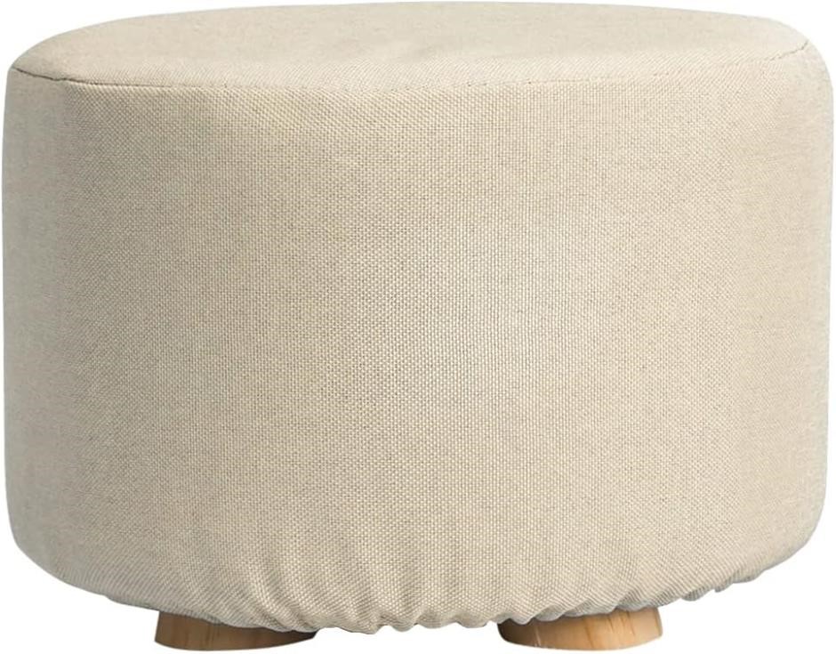 LA BELLA Round Ottoman Foot Stool – Faux Linen Fabric, Wooden Frame, Padded
