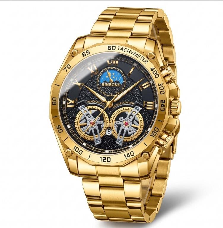 Jewelz Merchants Men’s Luxury Gold-Tone Watch – Black & Gold Dial