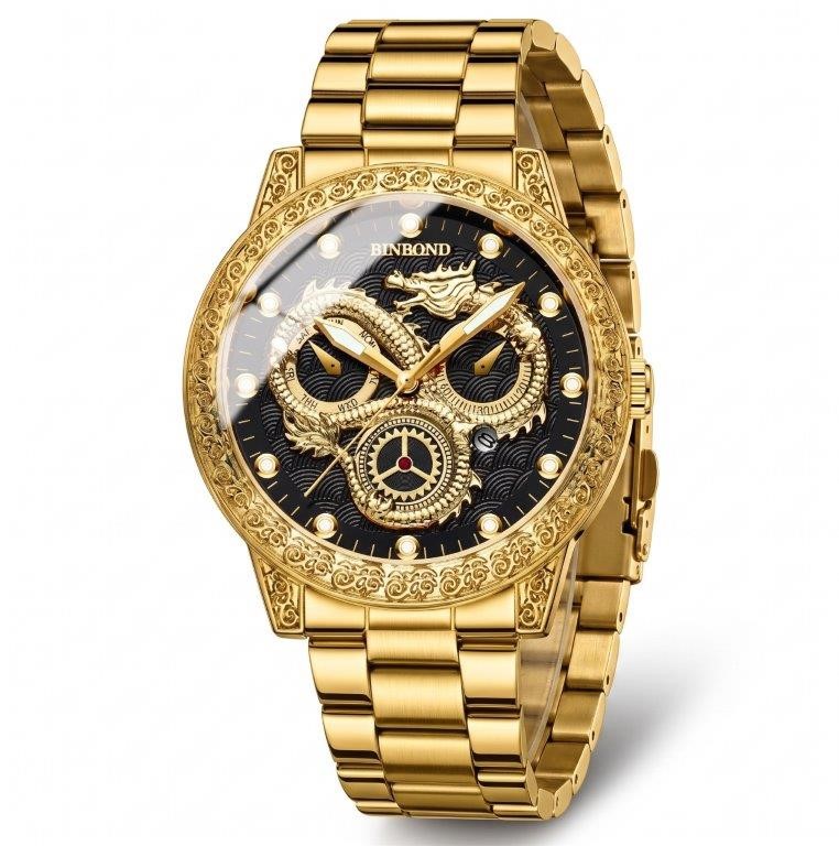 Jewelz Merchants Luxury Men’s Gold Dragon Watch – Black Dial, Waterproof