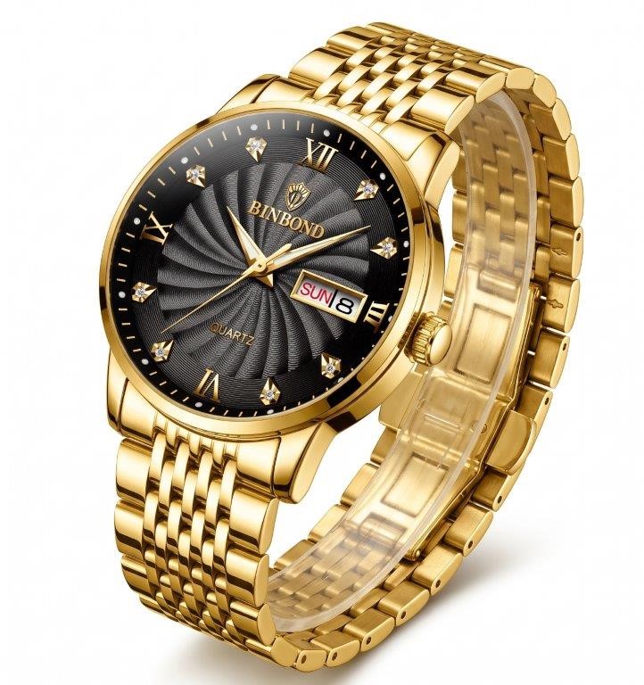 Jewelz Merchants Luxury Men’s Gold Watch – Black Dial, Diamond-Style