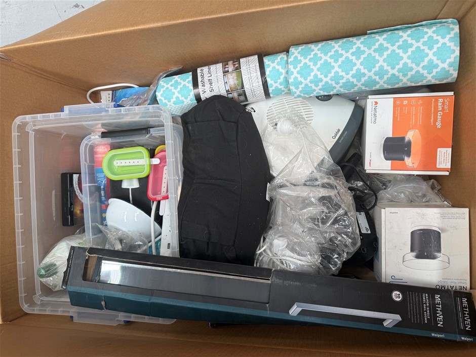 Assorted Box of Homeware Items incl:  Smart Rain Gauge, Goldair and more. N